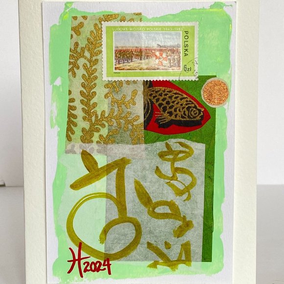 Collage Art Handmade Original Blank Greeting Card and Envelope Vintage Polish Po - Picture 1 of 5